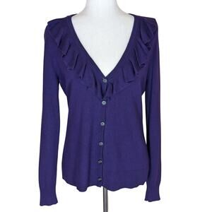 Lauren Ralph Lauren Cardigan Sweater Womens Medium Purple Cashmere Silk Ruffle